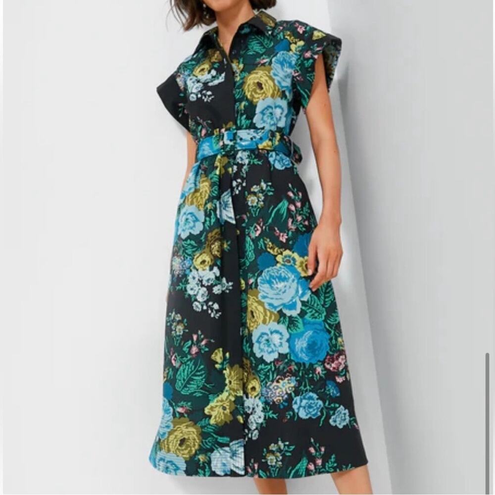 NWT Tuckernuck Chloe Black Verdant Floral Belted Midi Dress Sz Large - Picture 2 of 13